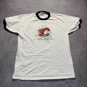 Vintage Calgary Flames 25th Anniversary Ringer T-Shirt White Mens XL NHL Hockey